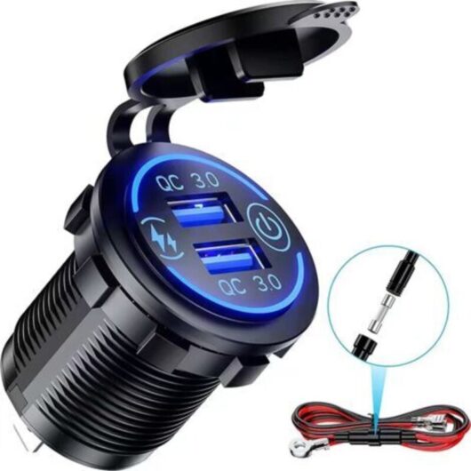 3.0 Dual USB Charger Socket, 12V/24V Waterproof USB Outlet with Touch Switch for Car, Marine, Boat, RV, blue