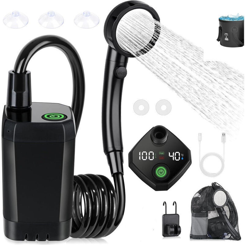 6000mA Portable Shower for Camping, Rechargeable Outdoor Electric Shower with Smart Digital Display, Black