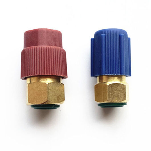 AC fitting port adapters, adaptable to R12 to accept R134a, 7/16" (BOTTOM) 3/8" (TOP) with 2 valves