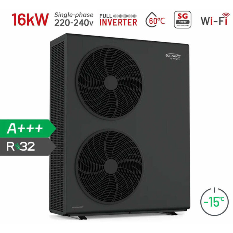 ALSAVO R32 Monobloc Air-to-Water Heat Pump - 16 kW - Single Phase 220-240V/50Hz/1PH - Refrigerant - Dual Fans - Multifunctional Inverboost/Hot Water