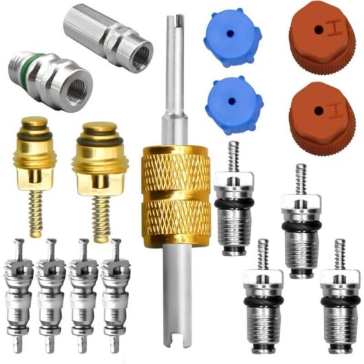 Air conditioning valve core kit, including R12 and R134a A/C refrigeration system, AC valve core, service port sealing cap, A/C valve core removal