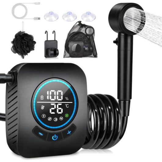 CCYKXA Camping Shower, Portable Shower, Camping Shower Kit, Rechargeable Electric Shower Pump, with Smart Display and 4-Mode Shower Head for Outdoor