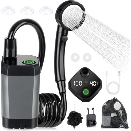 CCYKXA Camping shower kit, portable shower, rechargeable electric shower pump, waterproof, with smart display and 4-mode shower head for camping,