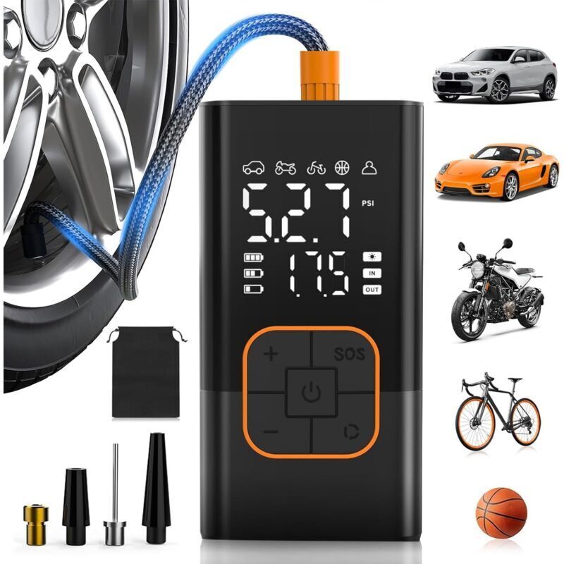 Cordless Car Tire Inflator, Portable Air Compressor with Digital Pressure Gauge (150 PSI), Dual Display, Rechargeable Battery, LED Light, Bicycle