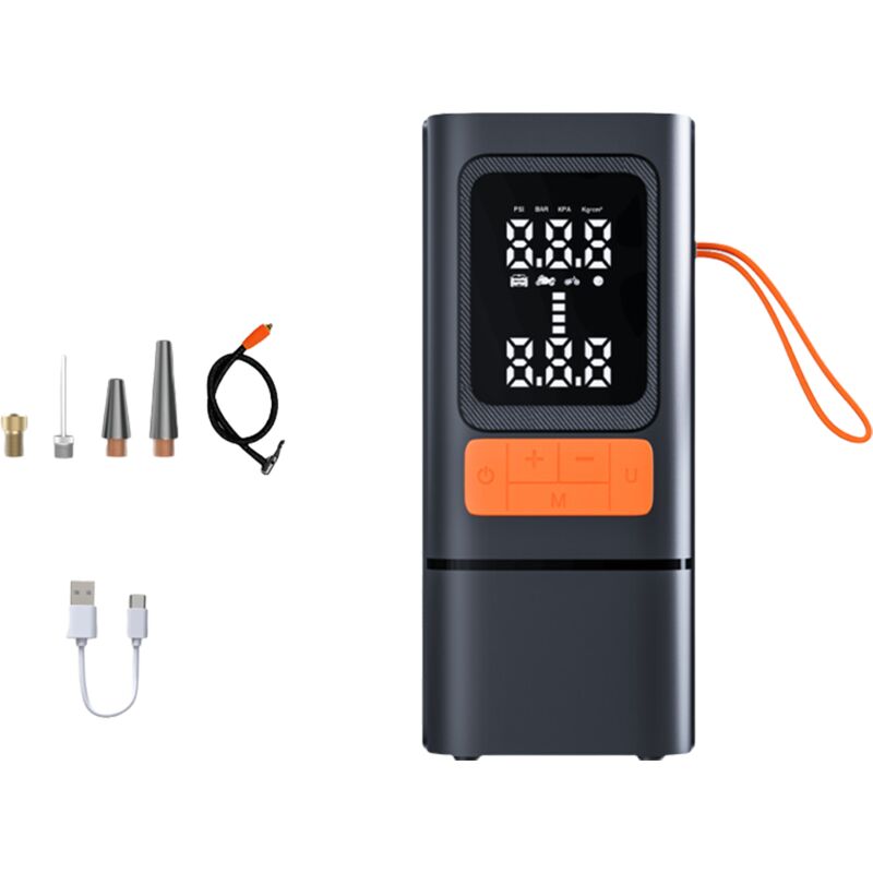EINNENFFER electric car air pump, digital LCD screen, LED flashlight, portable, digital pressure gauge, orange color, for inflating tires, balls and