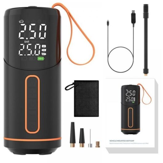 Electric air pump, 150 PSI portable battery-powered compressor with display and LED light for car, motorcycle, scooter, bicycle, balloons