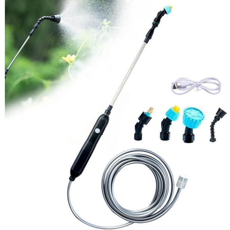 Electric garden sprayer, roof sprayer, telescopic sprayer with 4 nozzles and 10m hose, USB rechargeable, for watering lawns