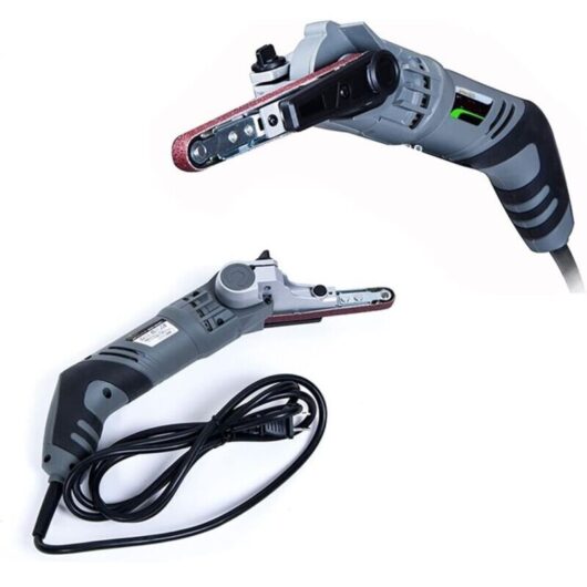 Hand - holding the YL-330 type 6 geared continuous speed belt sander, small portable metal sandpaper polishing machine for beginners