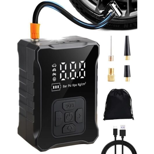 Mini Air Compressor, Portable Tire Inflator, Electric Bicycle Pump with Digital LCD Screen and Light for Motorcycle, Car, Bicycle