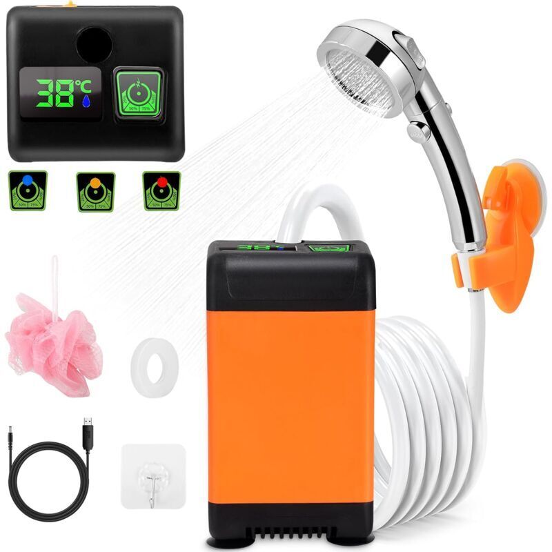 Portable Camping Shower, 6000mAh Rechargeable Electric Shower Pump with Intelligent Temperature and Adjustable Water Pressure for Outdoor
