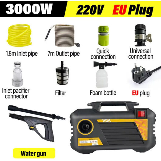Portable Electric High-Pressure Washer, Powerful Spray Gun with Hose, 220V, 3000W, for Home and Garden Cleaning