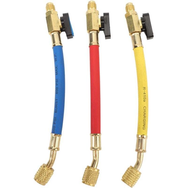 R134A R410A R22 R12 charging hose assembly, refrigeration hose assembly with ball valve, color coded for HVAC AC maintenance.