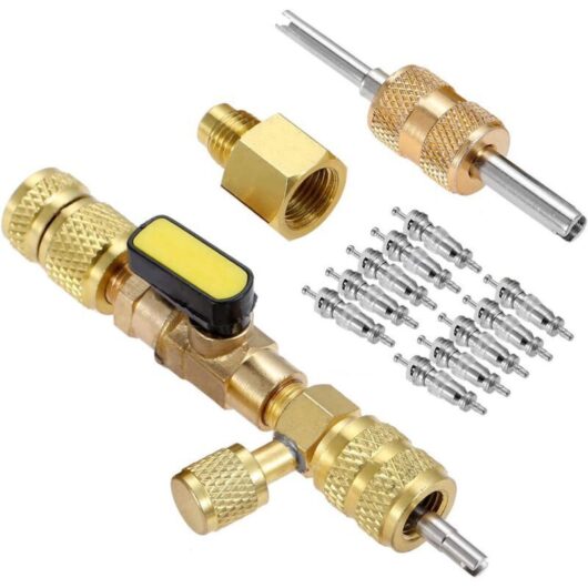 R410A R22 Valve Core Remover Installation Tool with 1/4" and 5/16" Dual Size SAE Ports for R404A R407C R134A R12 R32 HVAC Systems, with 10 x 5v1