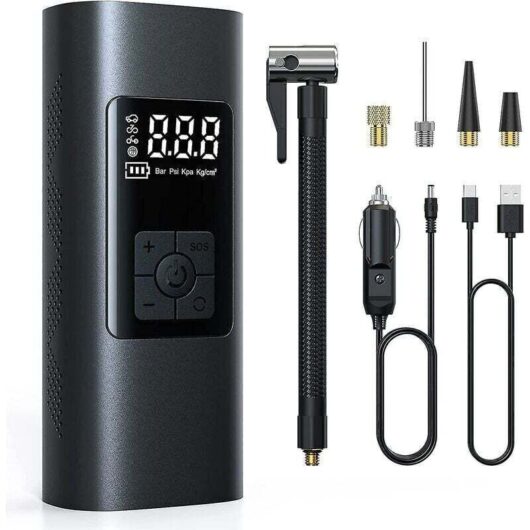 Rechargeable cordless tire inflator with 6000 mAh battery - Portable electric air pump for car and bicycle, automatic shut-off.