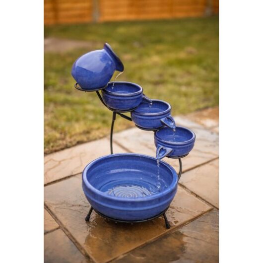 Solar Powered Water Fountain Ceramic Royal Blue Glazed Solar Garden Fountain Cascading Pot Water Feature for Patio Garden Indoor