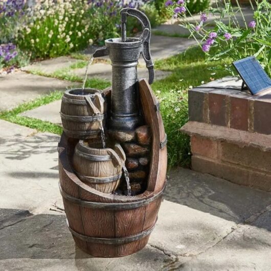 Solar Powered Water Fountain Whisky Barrel Garden Water Feature Solar Cascading Fountain with Remote Panel Outdoor Patio Decor