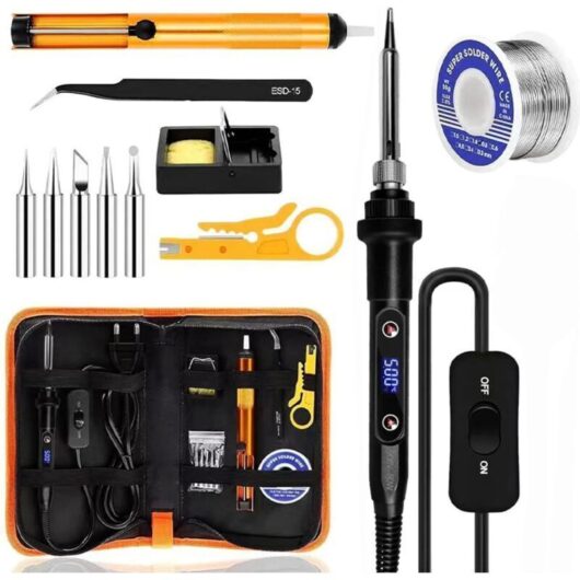 Soldering Iron Set, 80W Adjustable Temperature 180-500°C Precision Electronic with ON/OFF Switch, 5 Soldering Tips, Soldering Bar for Electrical