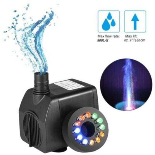 Submersible Pump with Colored Light, 8W 220V Submersible Pump with 12 Color LEDs for Fountain, Pool, Garden, Aquarium