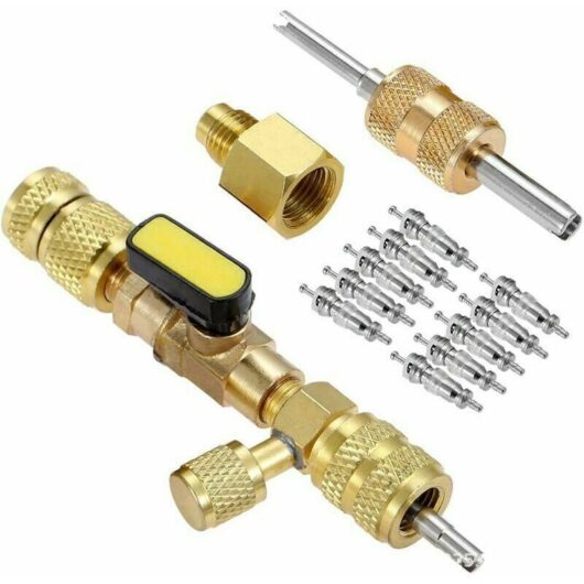 Valve core extractor/installer, SAE 1/4" and 5/16" brass disconnect valve, dual size, to prevent refrigerant leaks for R12, R22, and R410A.