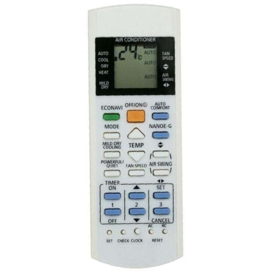 White ABS replacement remote control for Panasonic air conditioner (models A75C3300, 3208, 3706, 3708, 3883 and 3935).