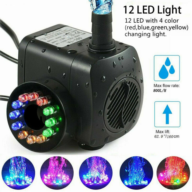 fountain pump, 15W, 800L/h with 12 RGB LEDs, waterproof and silent, for ponds, gardens and aquariums
