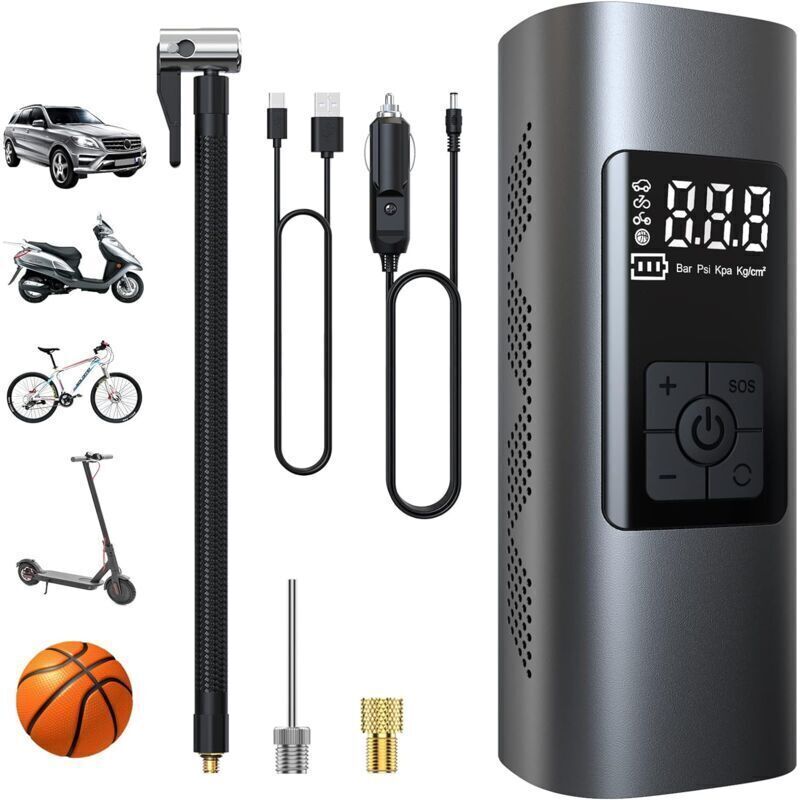 6000mAh Mini Electric Air Pump, Portable Air Compressor Cordless Tire Inflator 150PSI with Digital LCD Screen, Electric Bicycle Pump with LED Light
