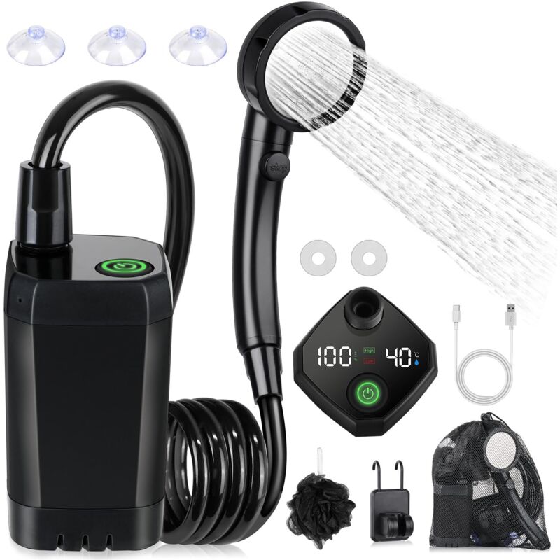 Camping Shower Kit, Portable Shower, Rechargeable Electric Shower Pump, Waterproof, with Smart Display and 4 Modes Shower Head for Outdoor, Camping,