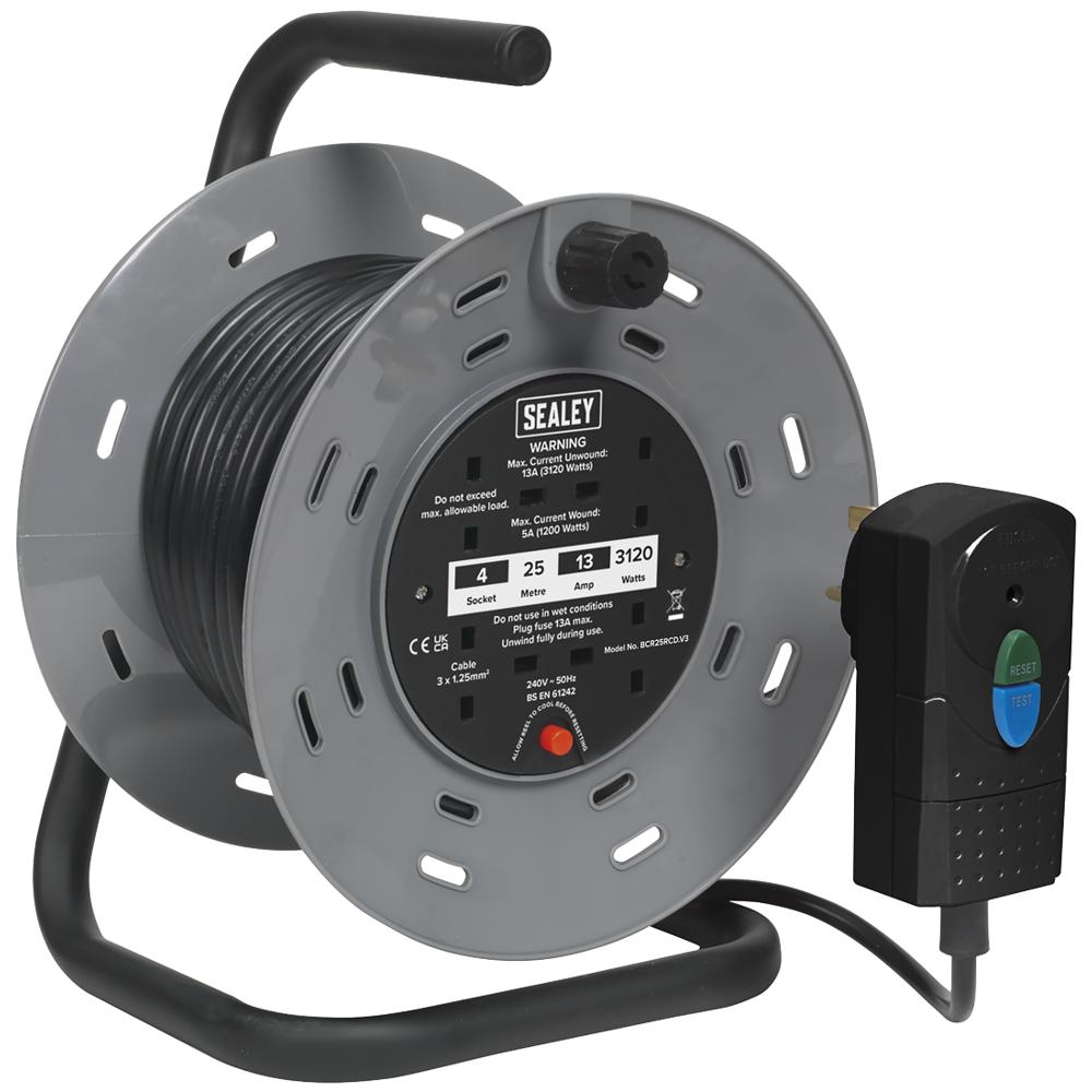 Sealey 2 Socket Cable Extension Reel and RCD Plug 240v 25m