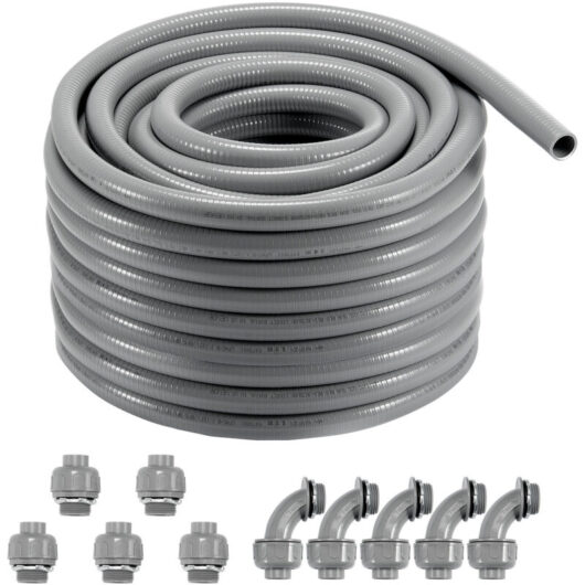 VEVOR 1-Inch Flexible Electrical Conduit, 100 ft, PVC Liquid-Tight Conduit Non-Metallic with 5 Straight and 5 90-Degree Conduit Connector Fittings,