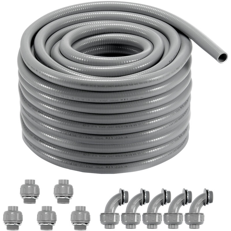 VEVOR 1-Inch Flexible Electrical Conduit, 100 ft, PVC Liquid-Tight Conduit Non-Metallic with 5 Straight and 5 90-Degree Conduit Connector Fittings,